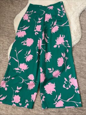 H&M Green Wide-Leg Pants with Pink Floral Print